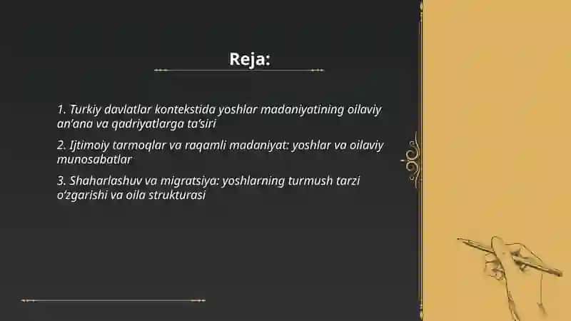 Yoshlar madaniyati va uning oilaviy munosabatlarga ta’siri(Turkiy davlatlar kontekstida) 2