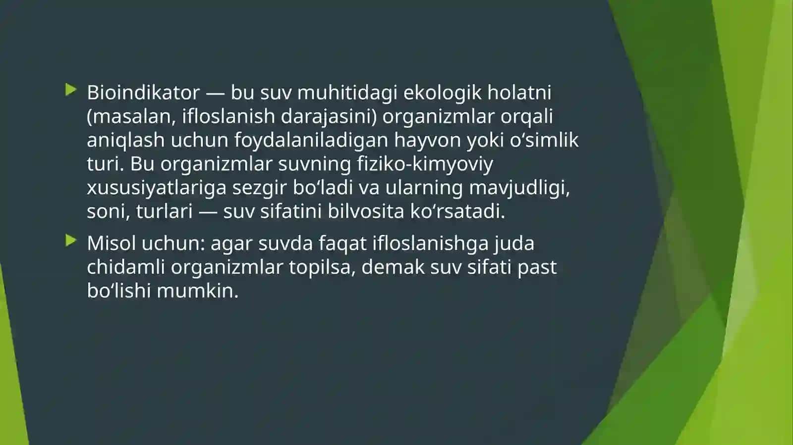 Daryo yoki koʻl suvlarida bioindikator organizmlar yordamida suv sifatini aniqlash 2