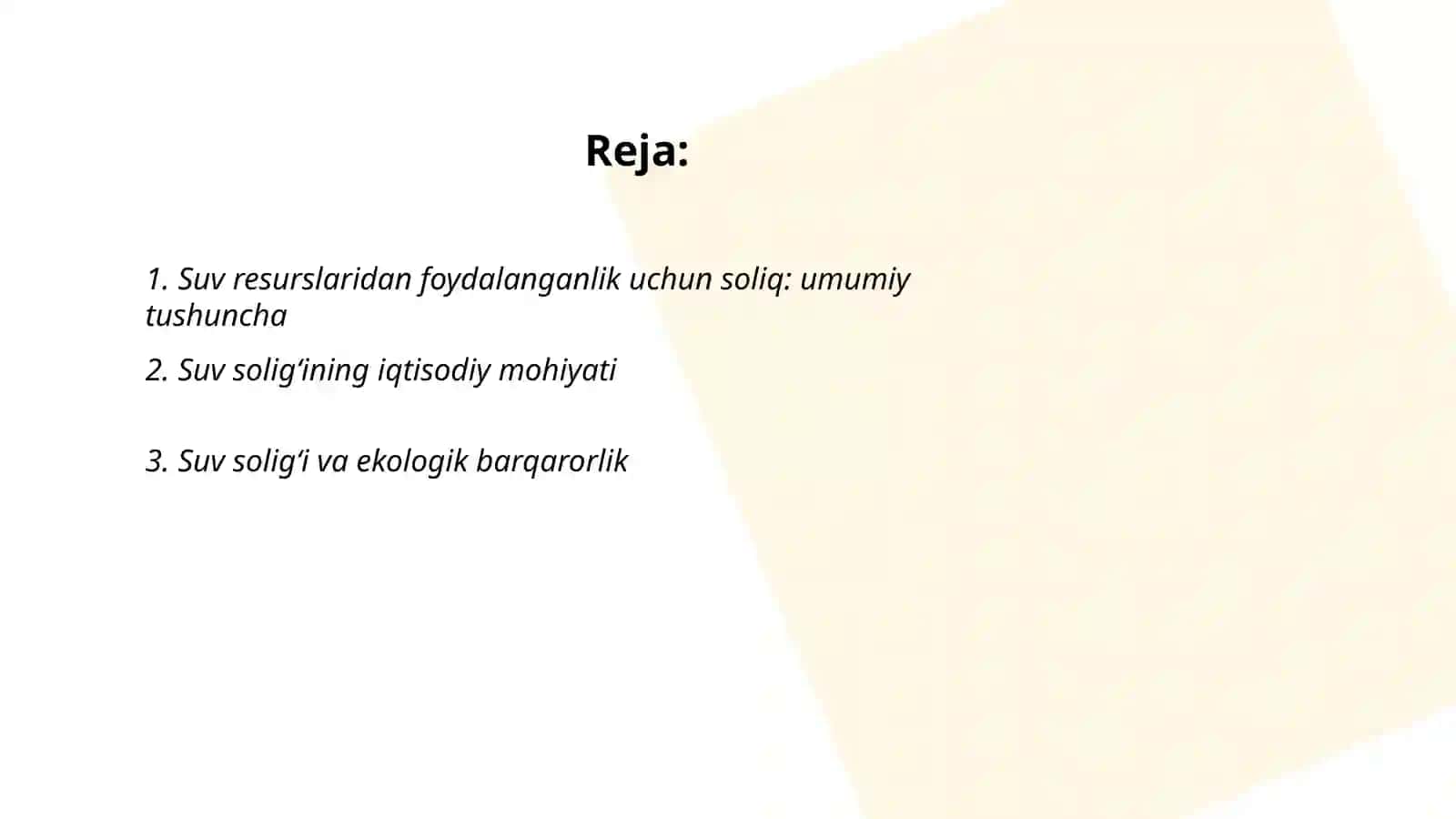 Suv resurslaridan foydalanganlik uchun soliqni iqtisodiy moxiyati va davlat byudjetidagi ahamiyati hamda 2025- yilda soliq boyicha õzgarishlar 2