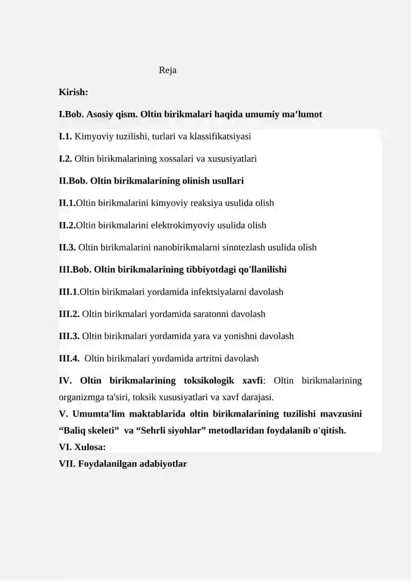 Kurs ishi: Oltin birikmalarining tuzilishi, olinishi va tibbiyotda ishlatilishi 2