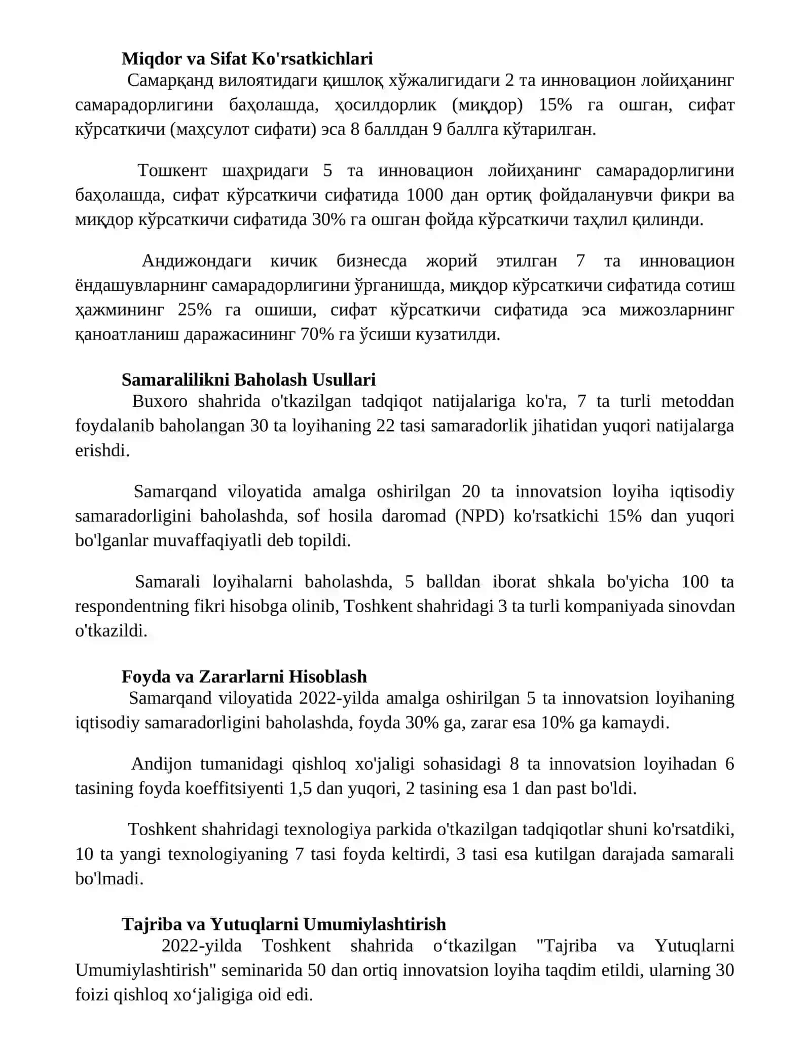 Innovatsion loyihalar va samaradorlikni baholash usullari 2