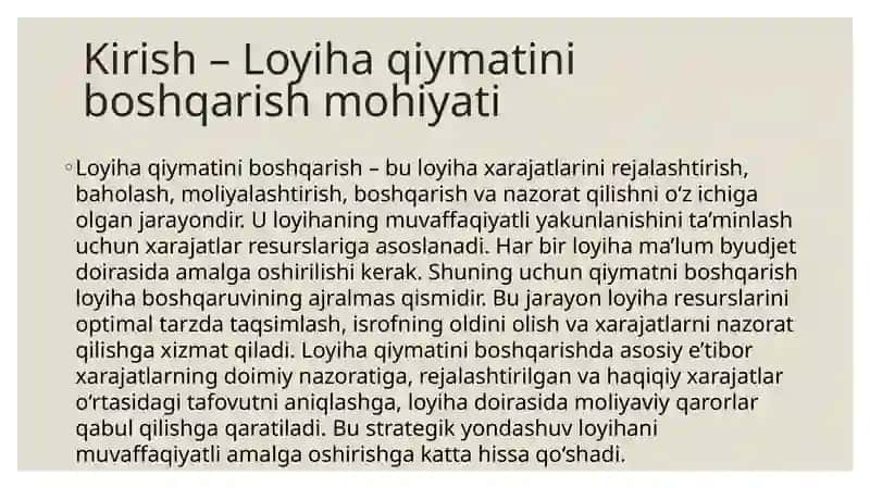 LOYIHA QIYMATINI BOSHQARISH 2