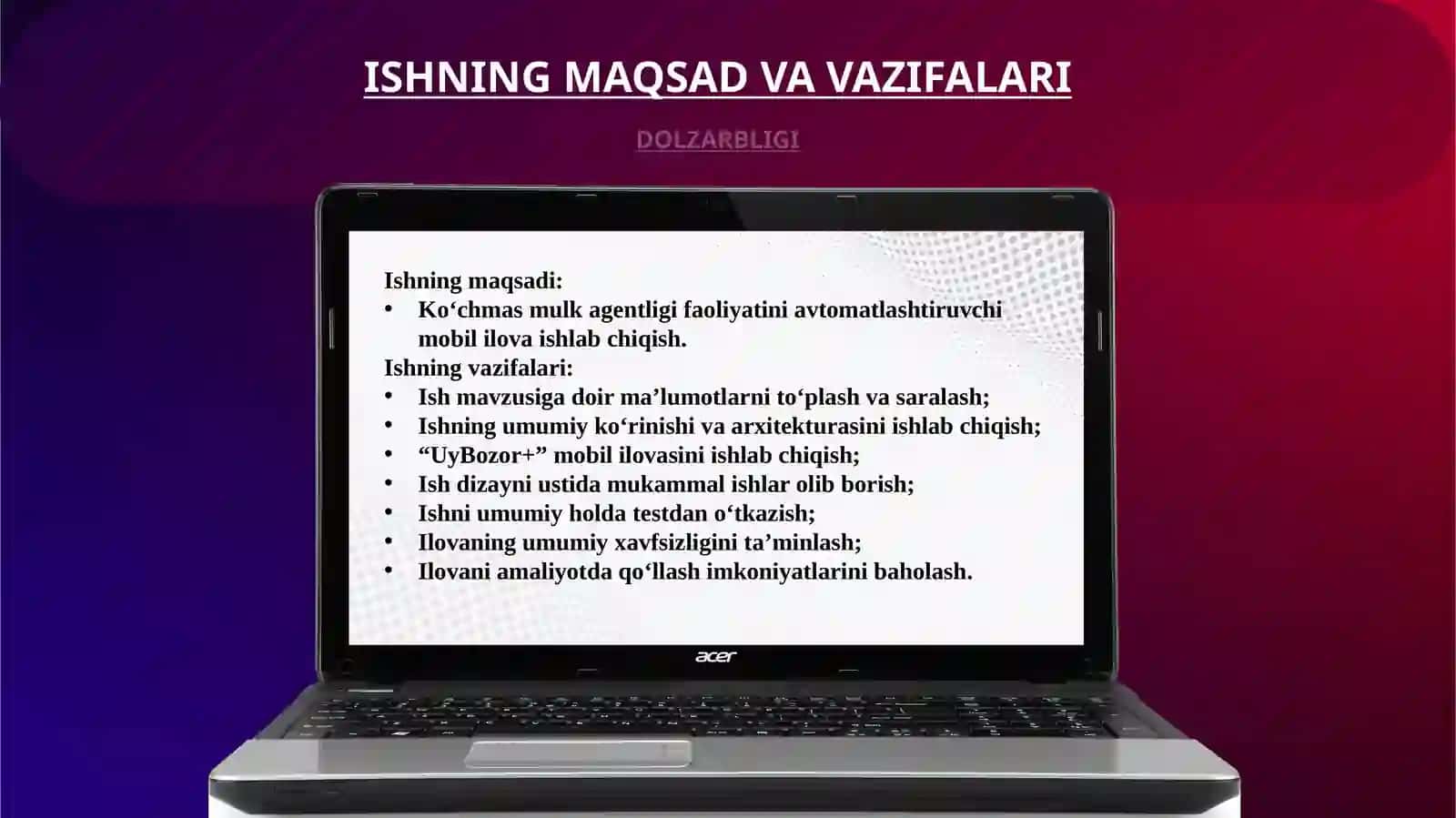Ko‘chmas mulk Agentligi ishini yengillatuvchi mobil ilova ishlab chiqish taqdimoti 2