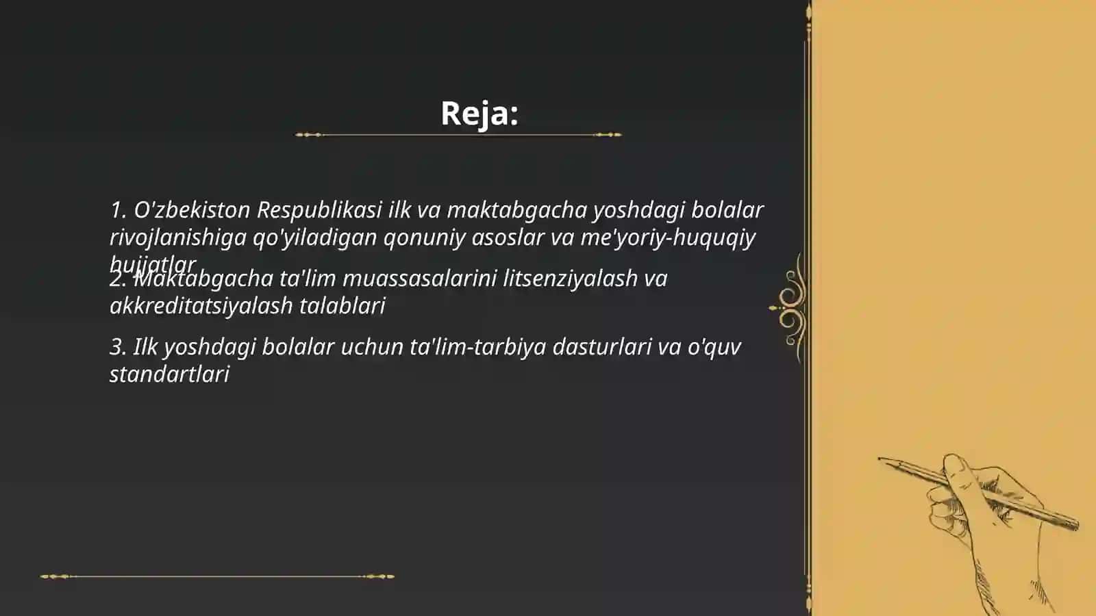 Ózbekiston Respublikasi ilik va maktabgacha yoshdagi bolalar rivojlanishiga qòyiladigan davlat talablari 2