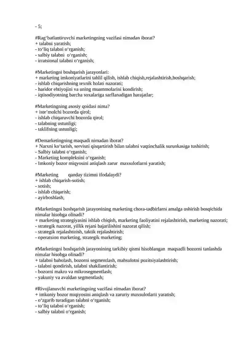 Marketingni boshqarish fanidan test savollari va javobolari 2