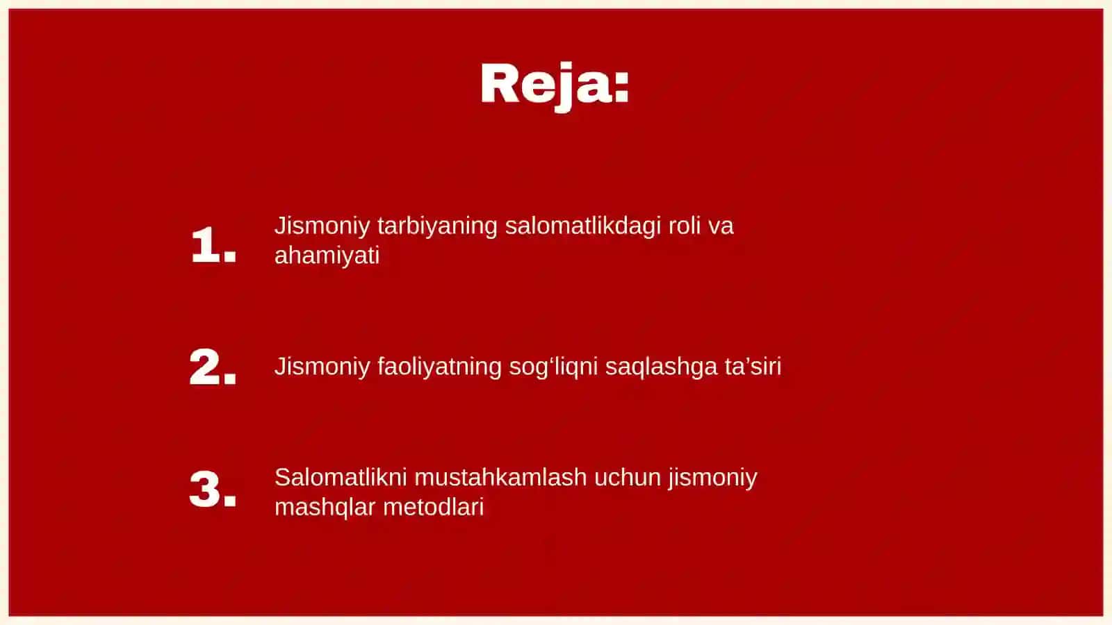 Jismoniy tarbiya va salomatlik. Slayd. Mustaqil ish 2