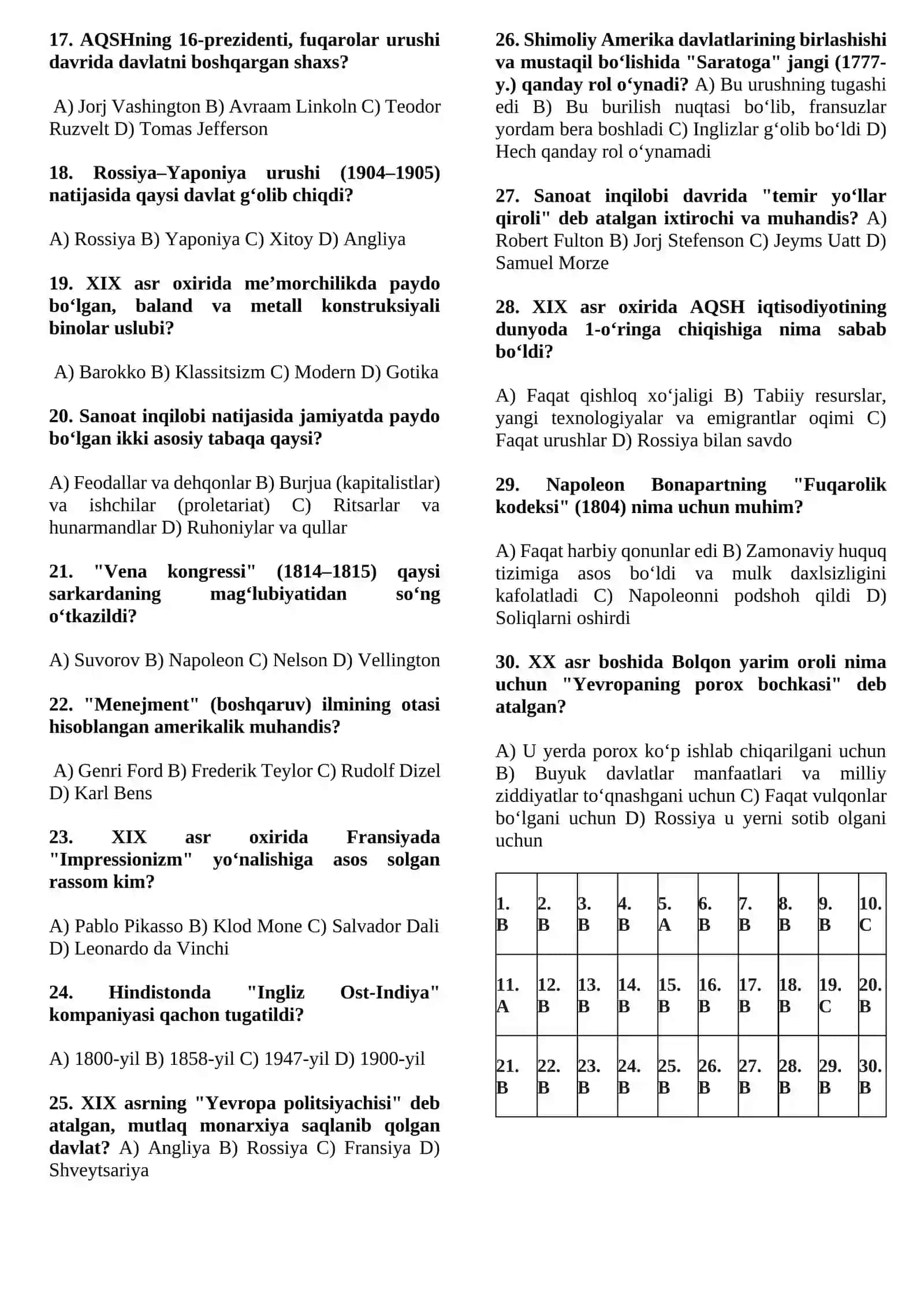 XIX asr va XX asr boshi: Imperiyalar va Islohotlar (30 talik Blok Test) 2