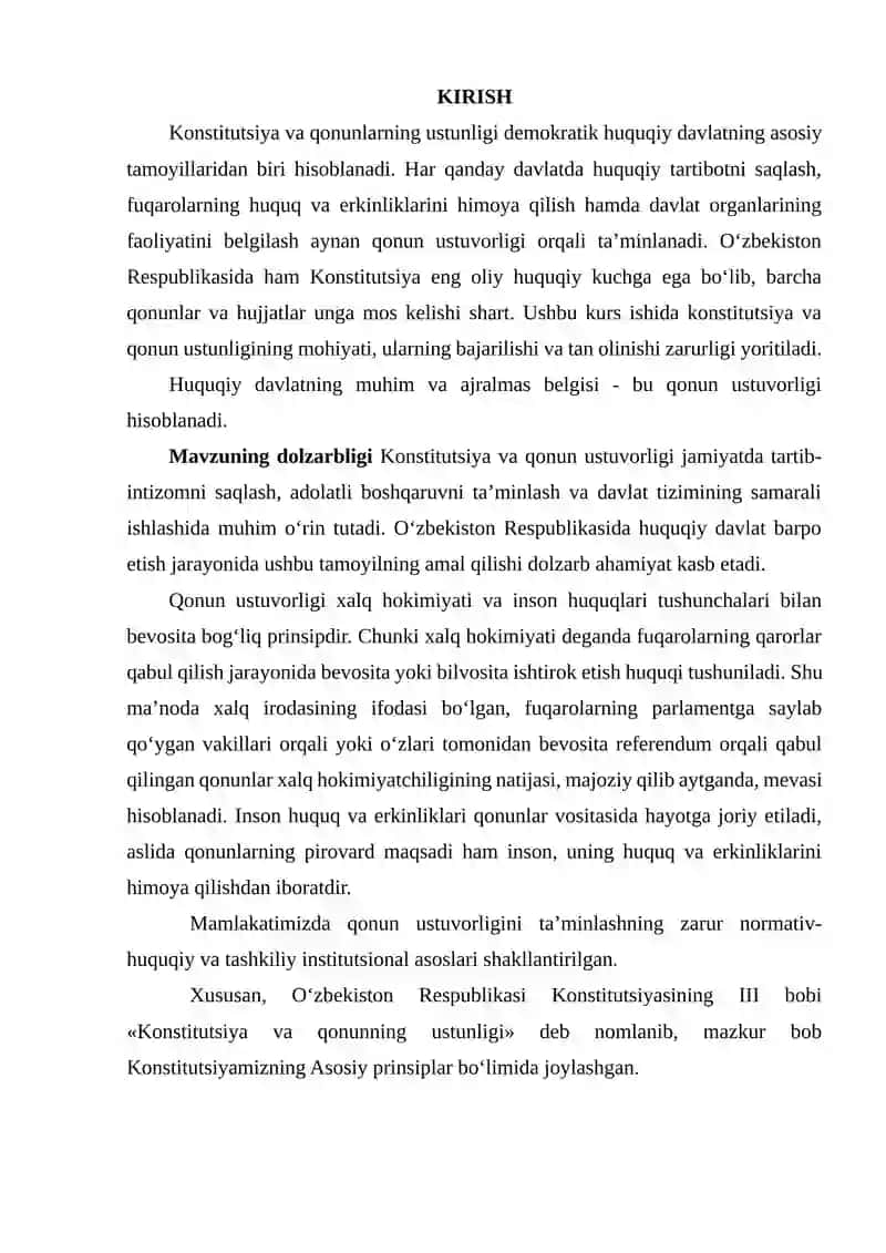 Konstitutsiya va Qonuning Ustunligi Hamda Ularning Tan Olinishi va Bajarilishi Shartlari 2