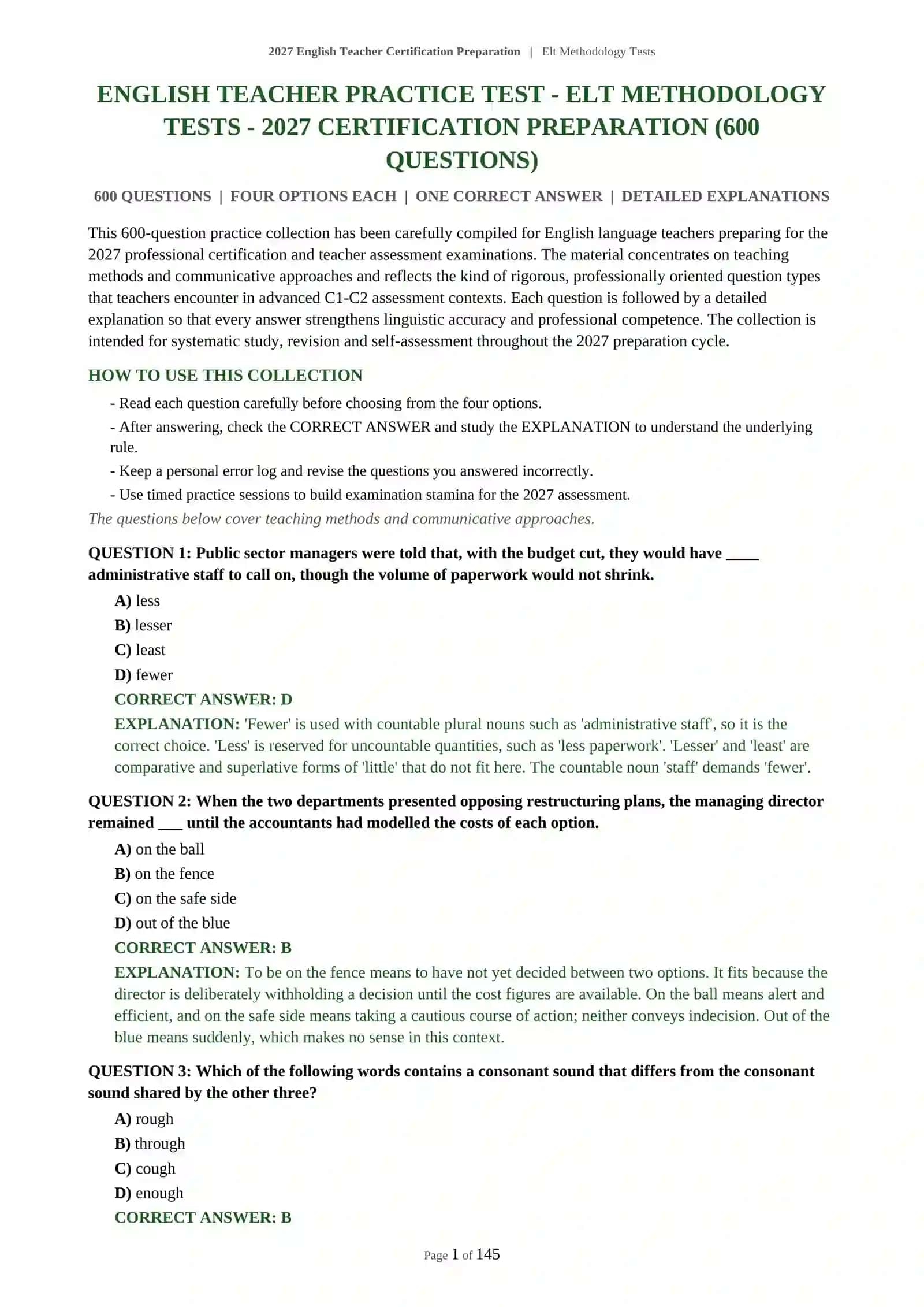 ENGLISH TEACHER PRACTICE TEST - ELT METHODOLOGY TESTS - 2027 CERTIFICATION PREPARATION 2