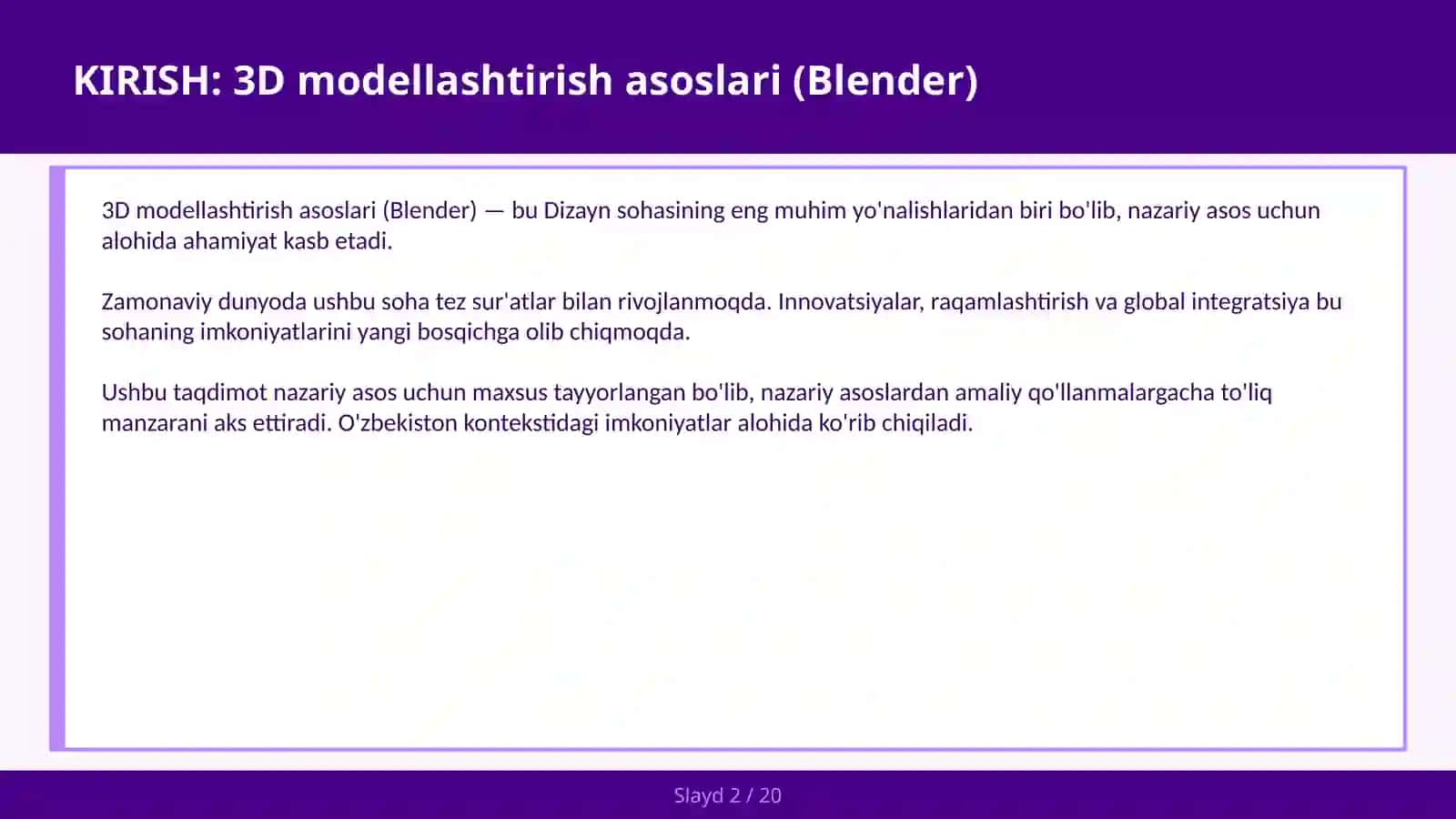 3D MODELLASHTIRISH ASOSLARI (BLENDER) 2