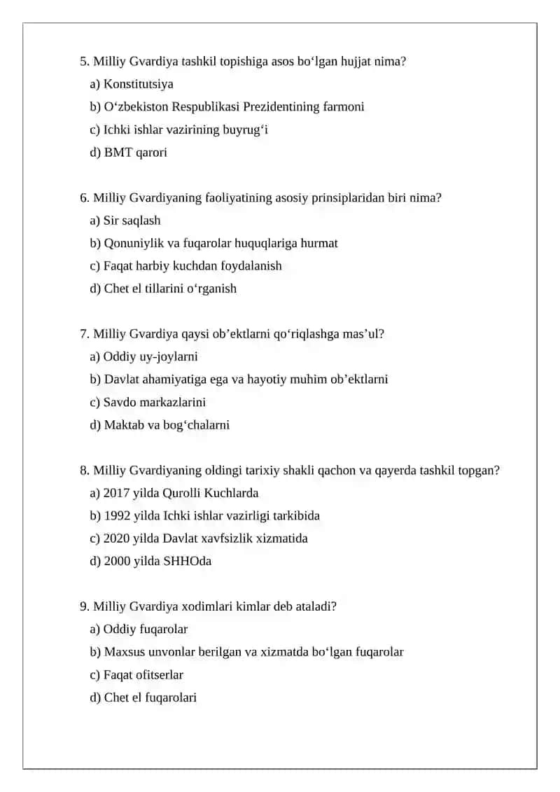 O‘zbekiston Respublikasi Milliy Gvardiyasi Test Variant 1 2