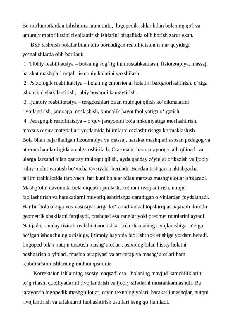 BSF tashxisli bolalar bilan olib boriladigan reabilitatsion va korreksion ishlar. 2