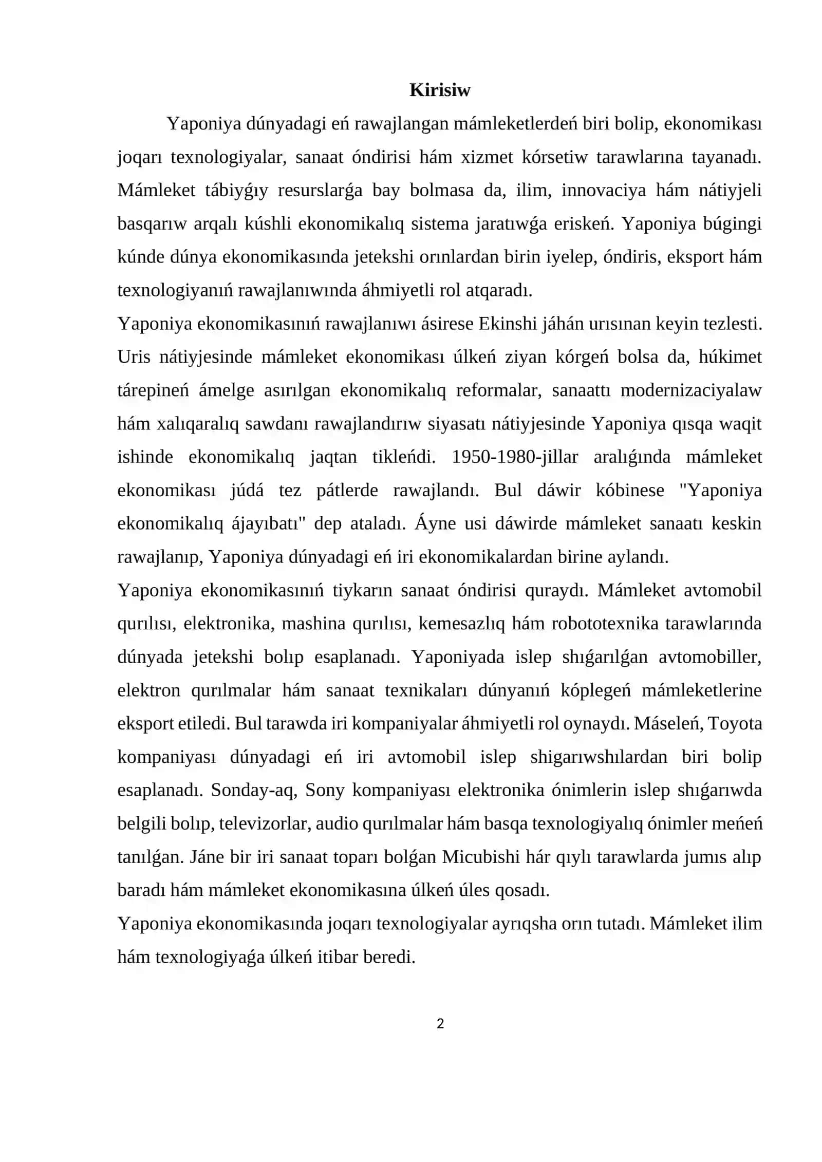 Yaponiya mámleketiniń ekonomikalıq rawajlanıw jaǵdayı 2