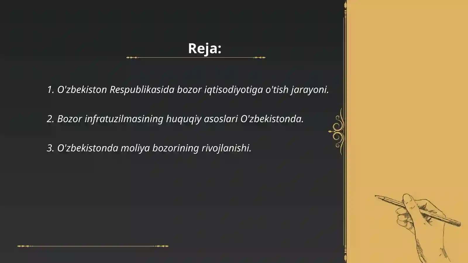 O'zbekiston Respublikasida bozor infratuzilmasining shakllanishi. Karimova Mohira 2