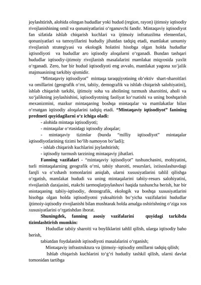 Mintaqaviy Iqtisodiyot Fanining Mohiyati va Vazifalari 2