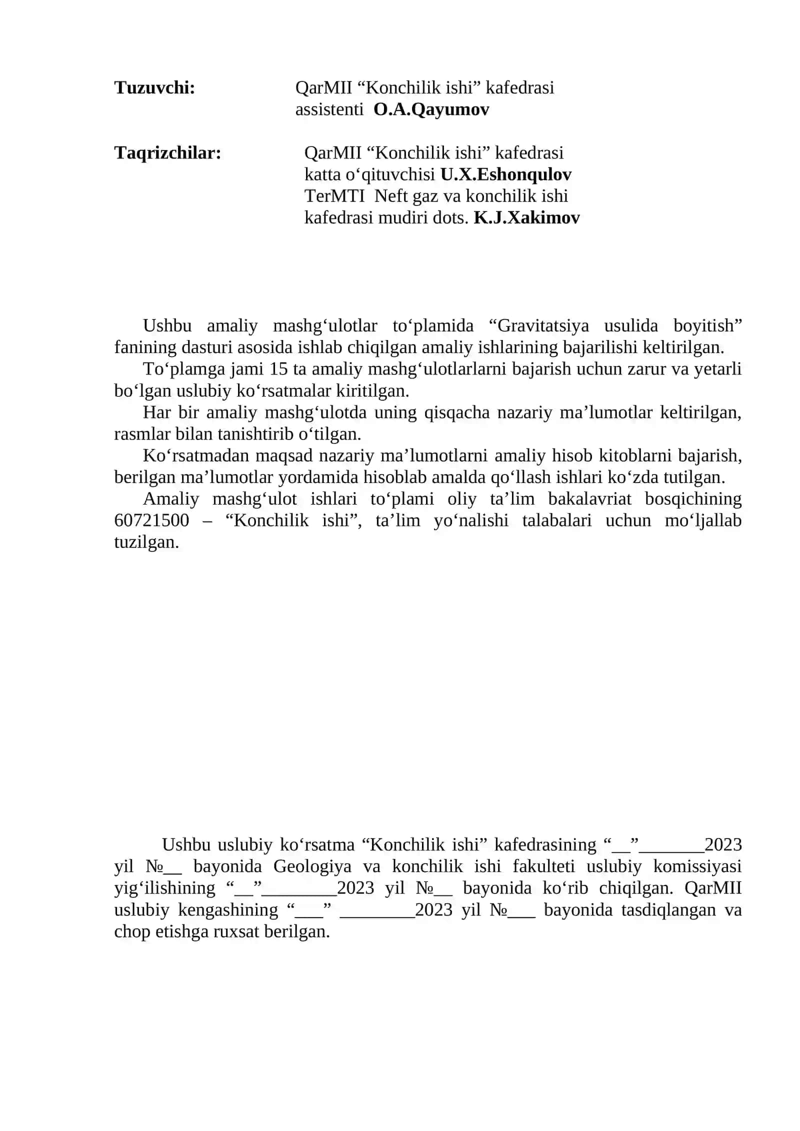 Konchilik ishi uchun Gravitatsiya Usulida Boyitish fanidan amaliy mashg'ulotlar 2