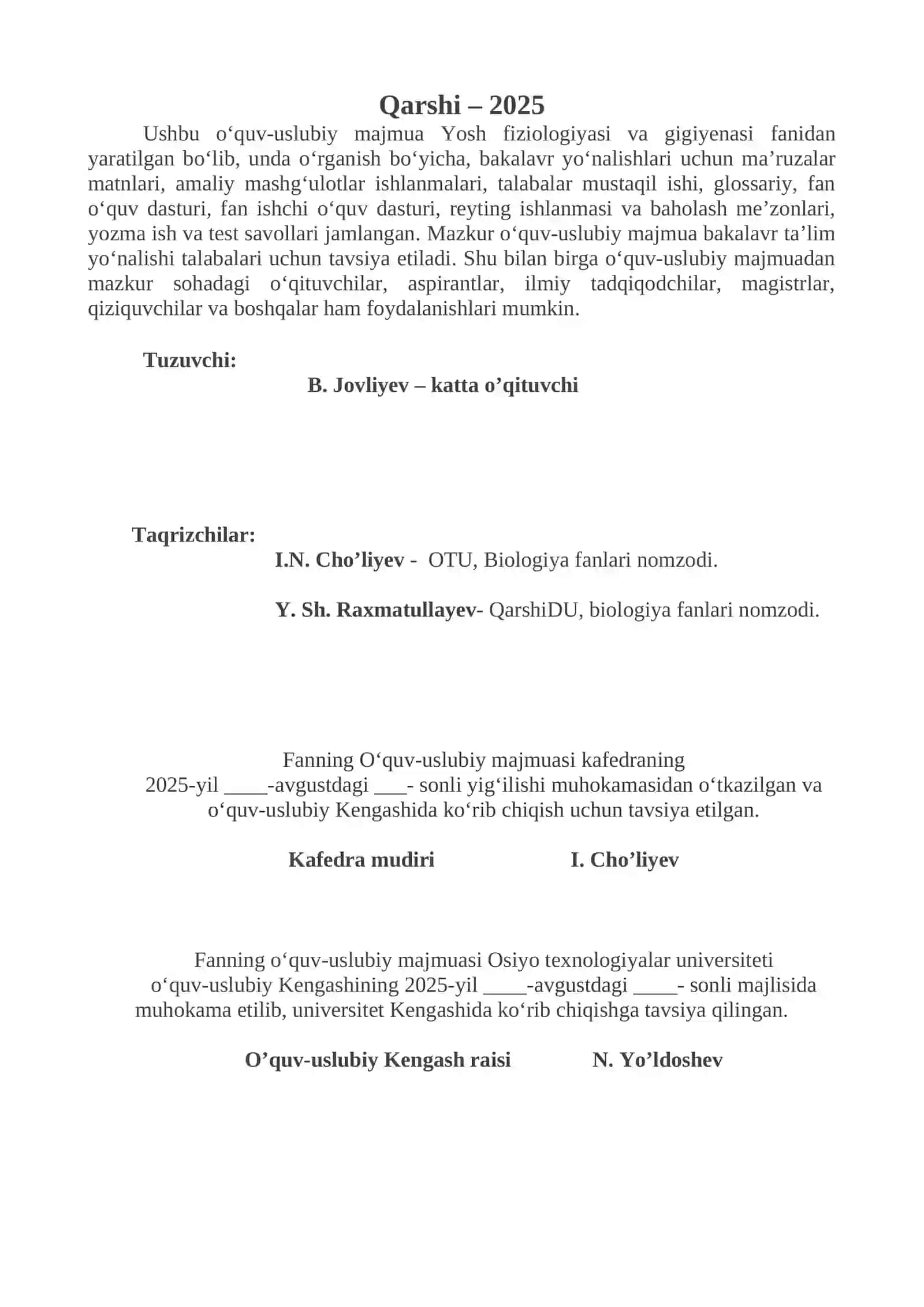 Yosh fiziologiyasi va gigiyenasi fanidan oʻquv-uslubiy majmua 2