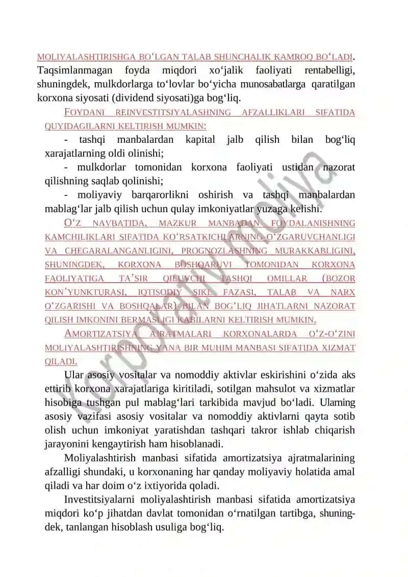 KORXONALARNI MOLIYALASHTIRISHNING OʻZ MANBALARI VA KORPORATIV MOLIYAVIY REJALASHTIRISH 2