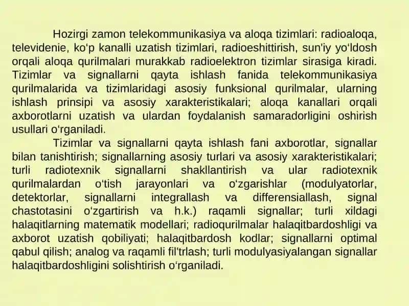 “Tizimlar va signallarni qayta ishlash” faniga kirish 2