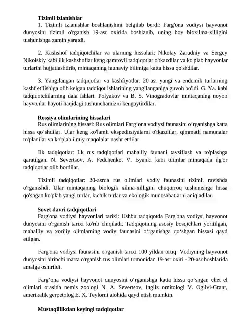 FargʻOna Vodiysi Hayvonot Dunyosining OʻRganilish Tarixi 2
