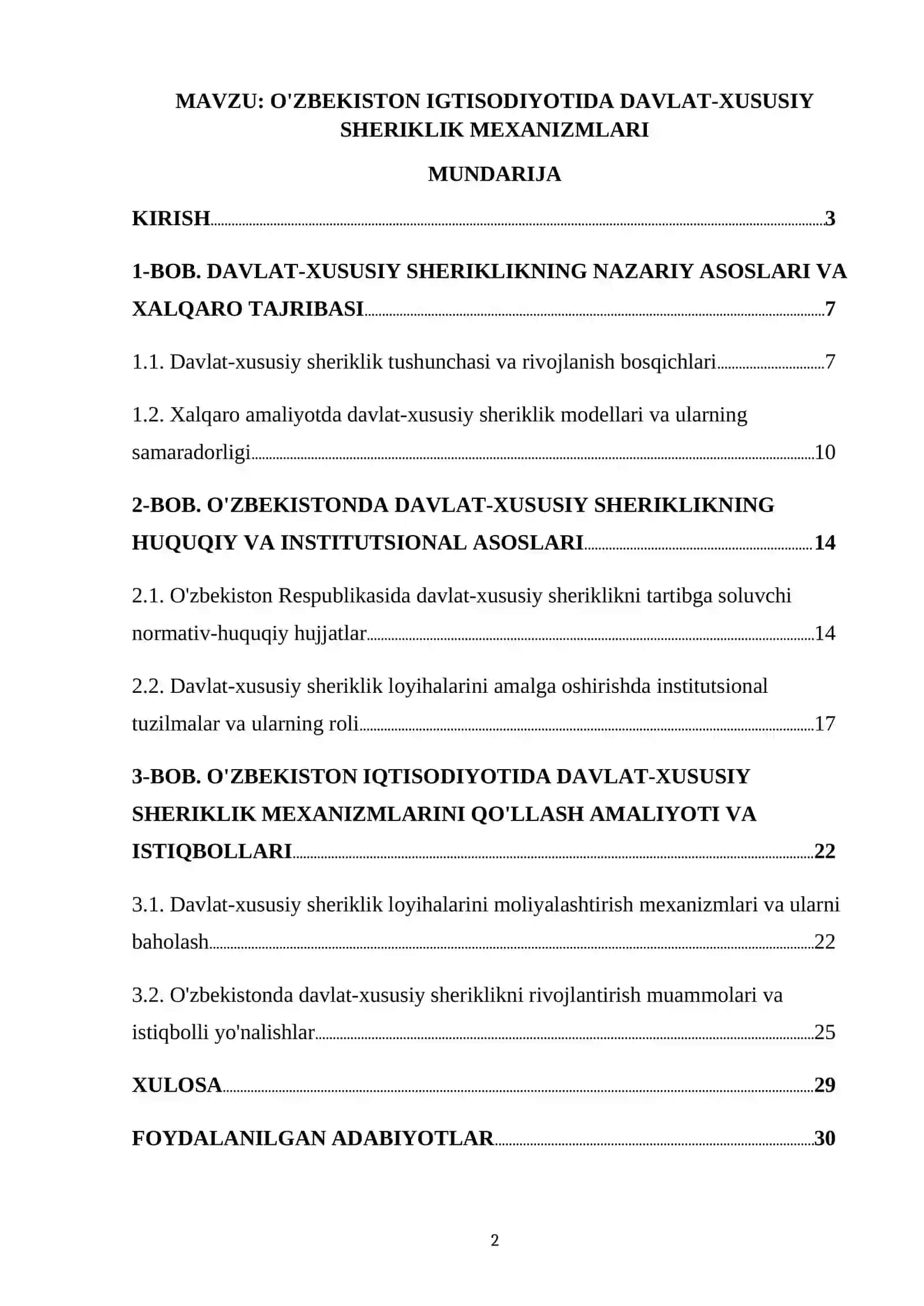 O'ZBEKISTON IGTISODIYOTIDA DAVLAT-XUSUSIY SHERIKLIK MEXANIZMLARI 2