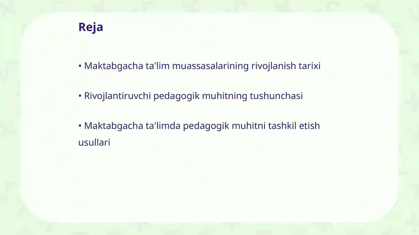 Maktabgacha ta'lim muassasalarida rivojlantiruvhi pedagogik muhitni tashkik etish 2