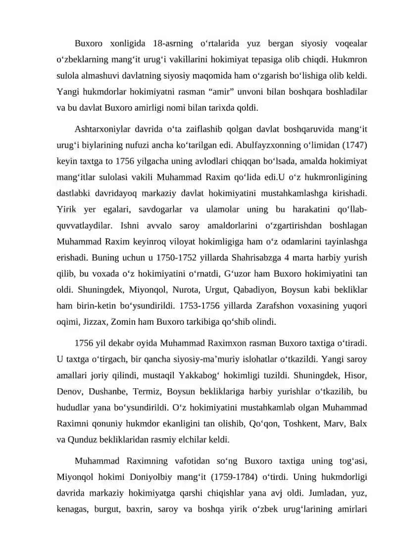 Buxoro amirligi XVIII asr ikkinchi yarmi-XIX asrning birinchi yarmisiyosiy 2