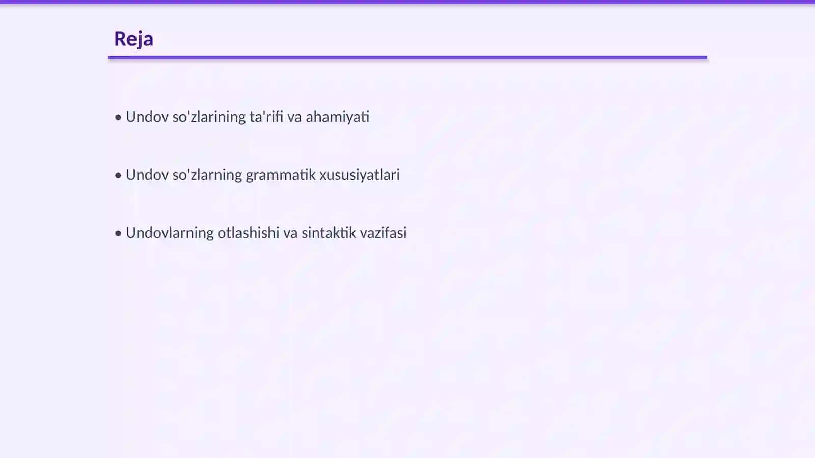 Undov so'zlar. Ularning grammatik xususiyatlari. Undovlarning otlashishi, sintaktik vazifasi. Undovlarning turlari: his-hayajon va buyruq-xitob undovlari 2