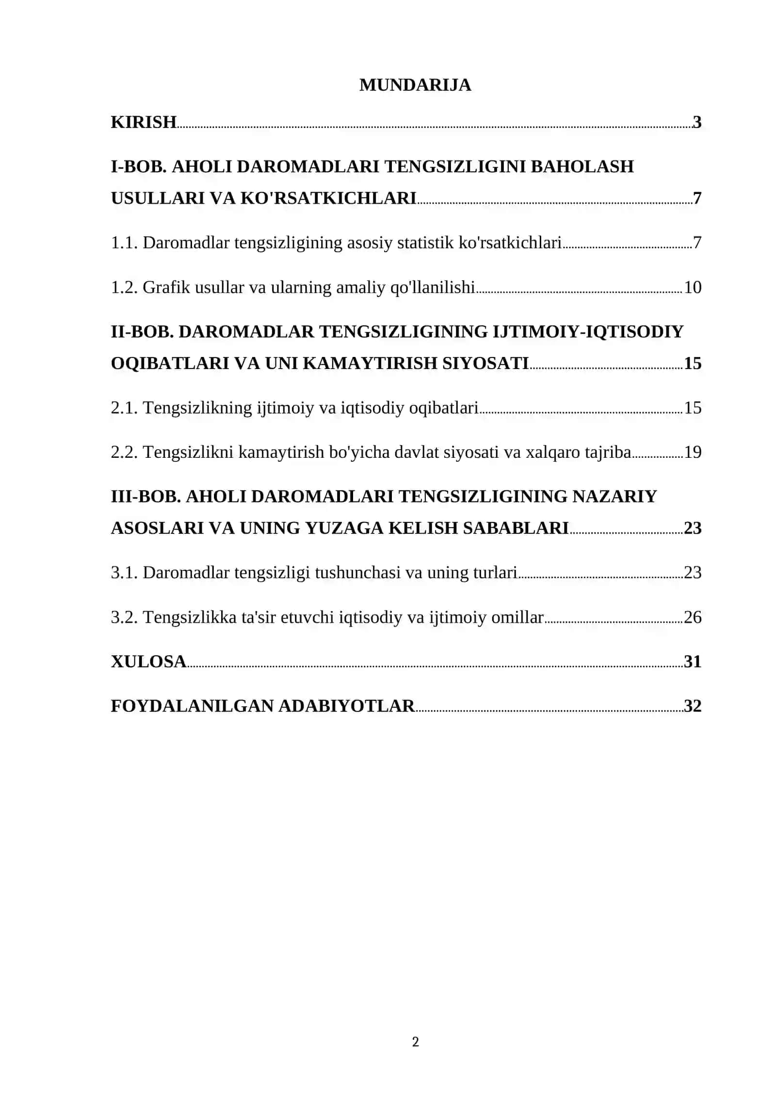 Aholi daromadlari tengsizligini baholash usullari va ko'rsatkichlari 2