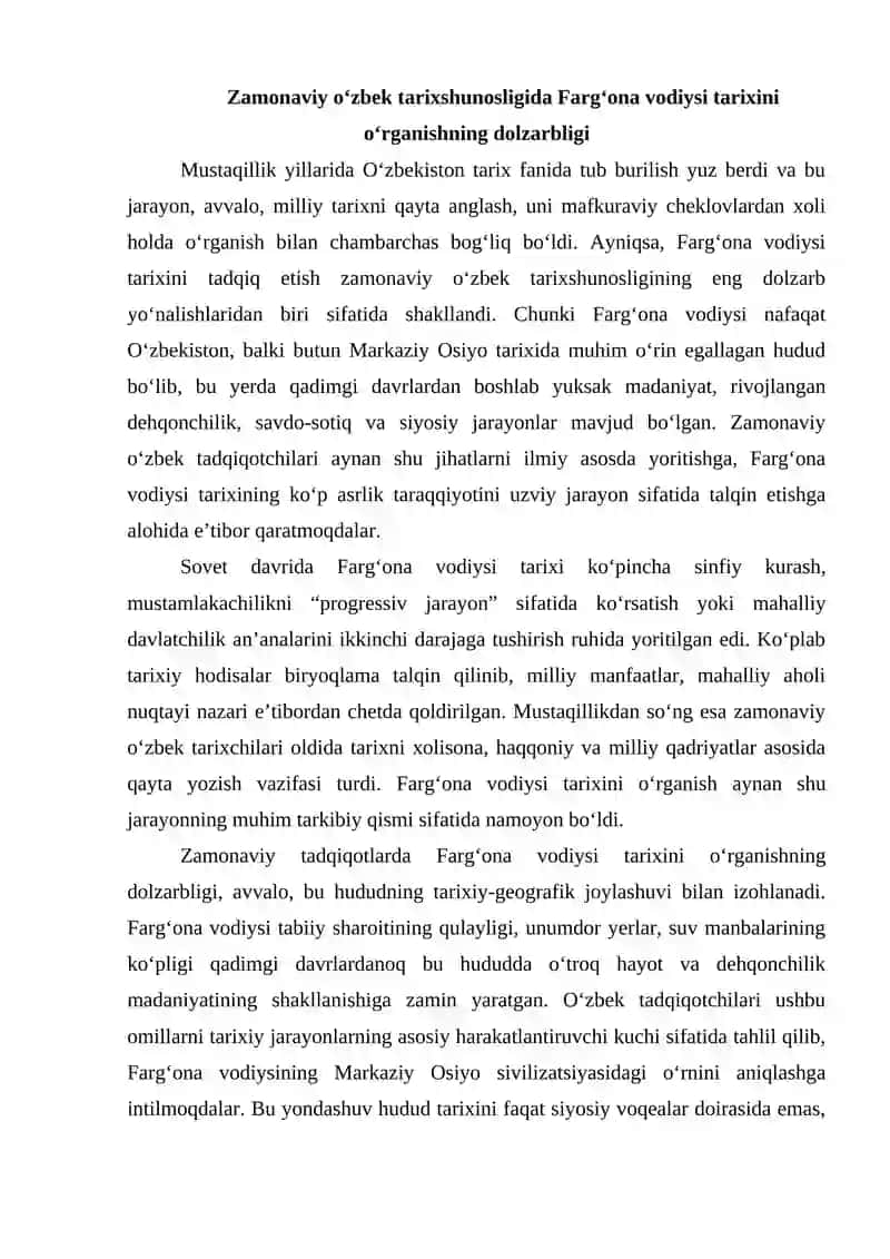 Zamonaviy o‘zbek tadqiqotchilarining Farg‘ona vodiysi tarixi haqidagi izlanishlari 2