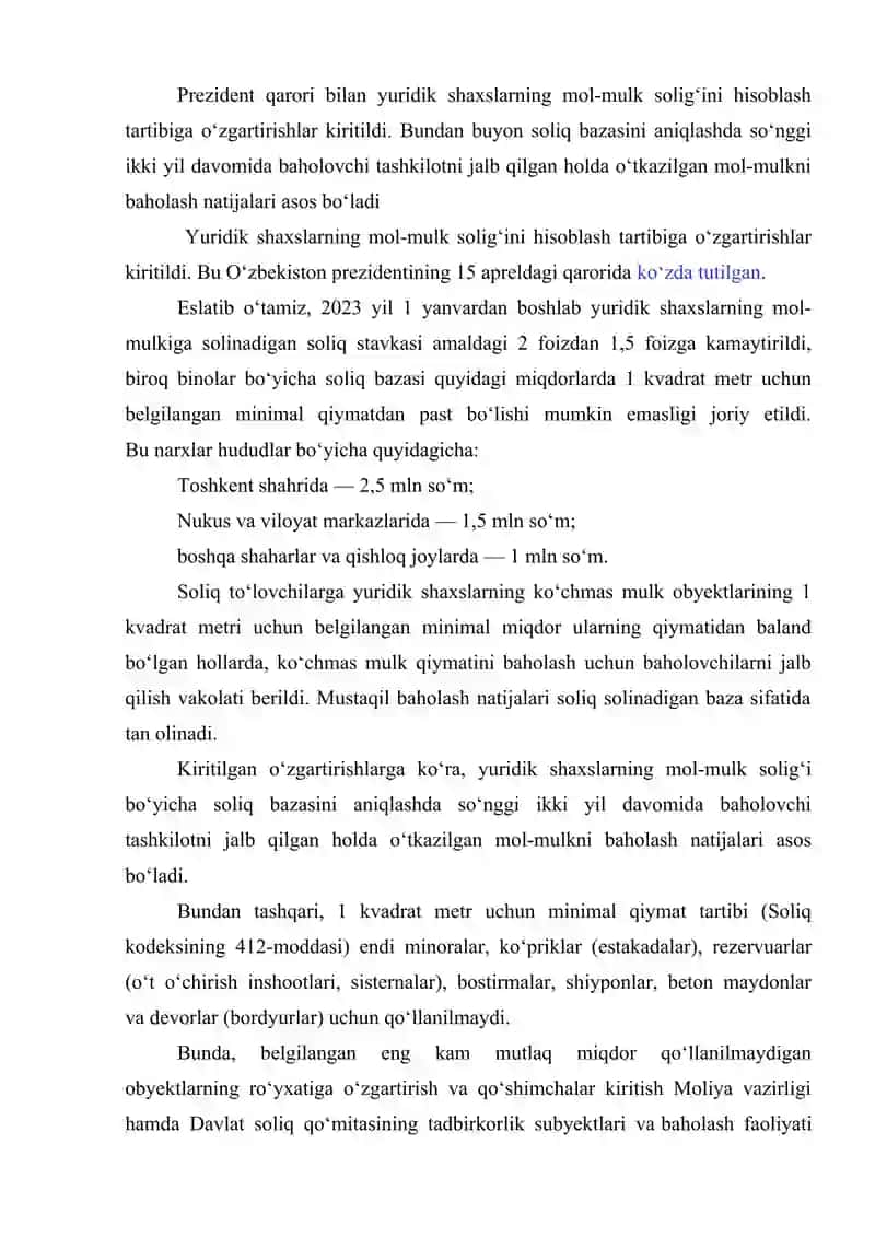 Yuridik shaxslarning mol-mulkiga solinadigan soliqni hisoblab  chiqarish, soliq hisobotini taqdim etish va soliqni to’lash tartibi. 2