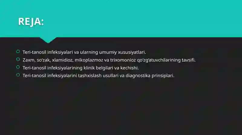 Teri-tanosil infeksiyalari zaxm, so zak, xlamidioz, mikoplazmoz, trixomonioz qo'zg'atuvchilarining tavsifi va tashhisi 2