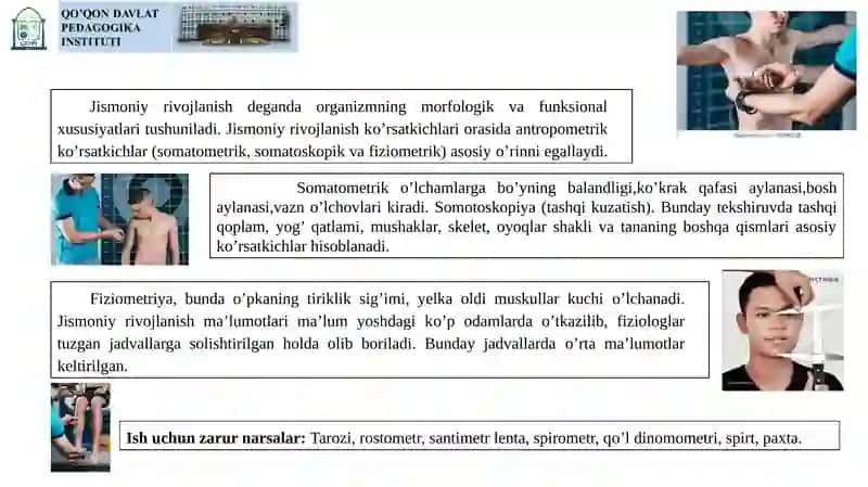 Bolalar va о‘smirlarning jismoniy rivojlanishini baholash.  Morfologik va funksional kо‘rsatkichlarni baholash. 2