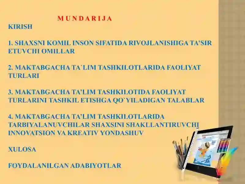 MAKTABGACHA TA`LIM TASHKILOTLARIDA TARBIYALANUVCHILAR SHAXSINI SHAKLLANTIRUVCHI FAOLIYAT TURLARINI TASHKIL QILISH 2