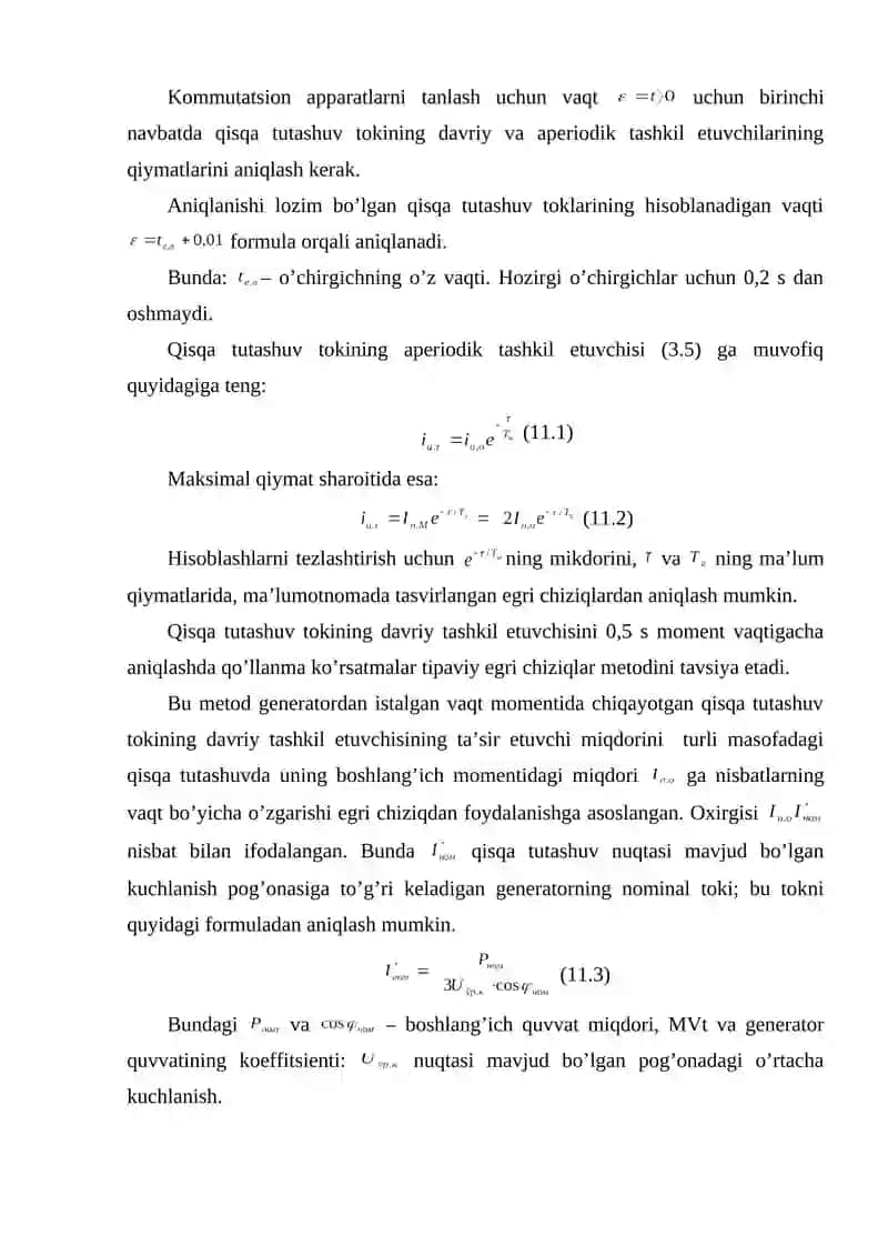 Qisqa tutashuv o’tkinchi jarayonining istalgan momentidagi vaqti uchun toklarni aniqlash 2