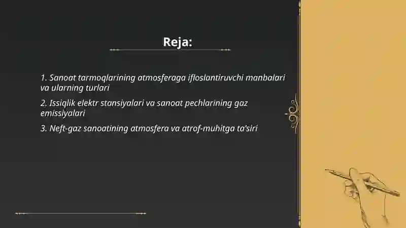Sanoat tarmoqlarining atmosferaga taʼsiri va uni oldini olish by Suvanov Sanjar 2