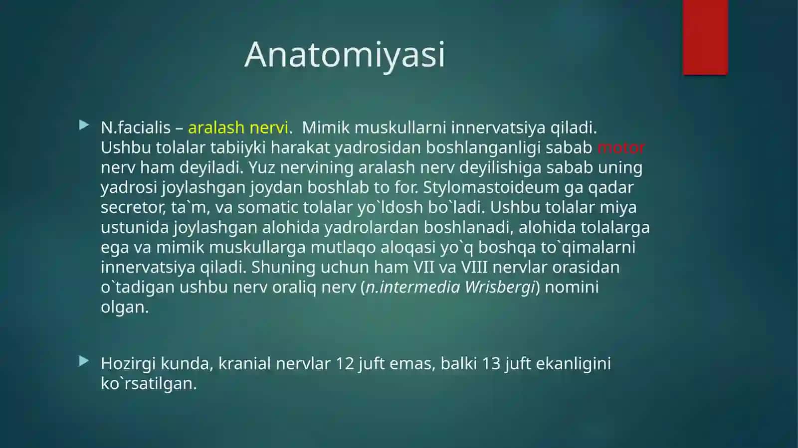 VIIjuftnervi.Anatomiyasi,topografiyasivayo`li,tekshirishusullari,topikdiagnostikasi,zararlanishsimptomlari 2