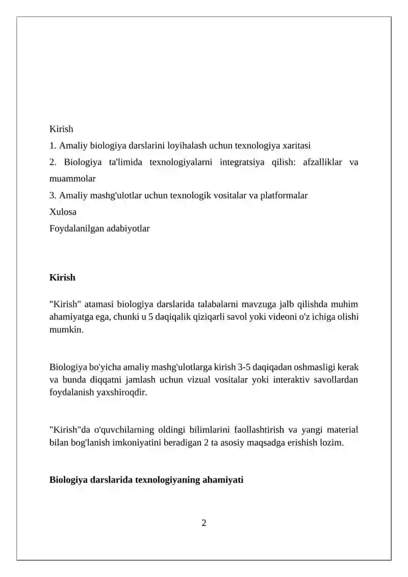 Biologiyadan amaliy mashg'ulotlarni loyihalash texnologik xarita 2