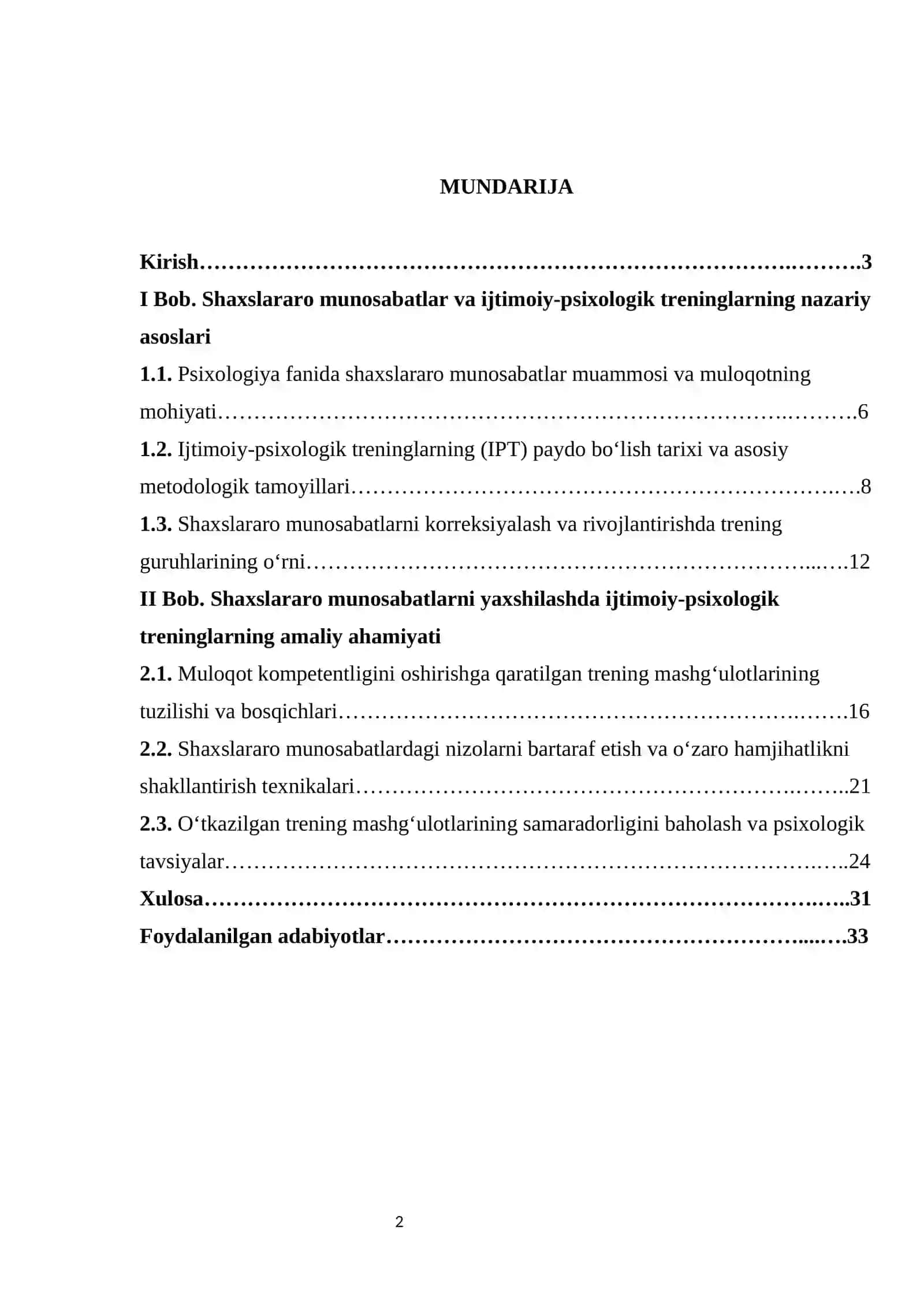 SHAXSLARARO MUNOSABATLARDA IJTIMOIY-PSIXOLOGIK TRENINGLAR KURS ISHI 2