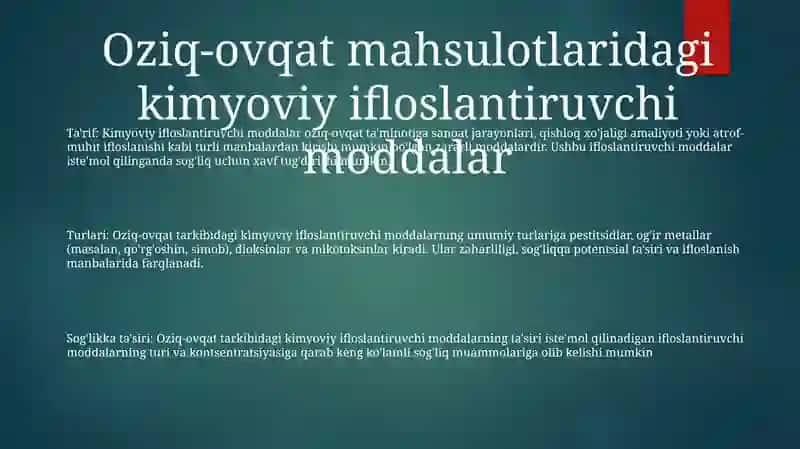 Oziq-Ovqat Mahsulotlarining Kimyoviy Elementlardan Zaxarlanishi 2