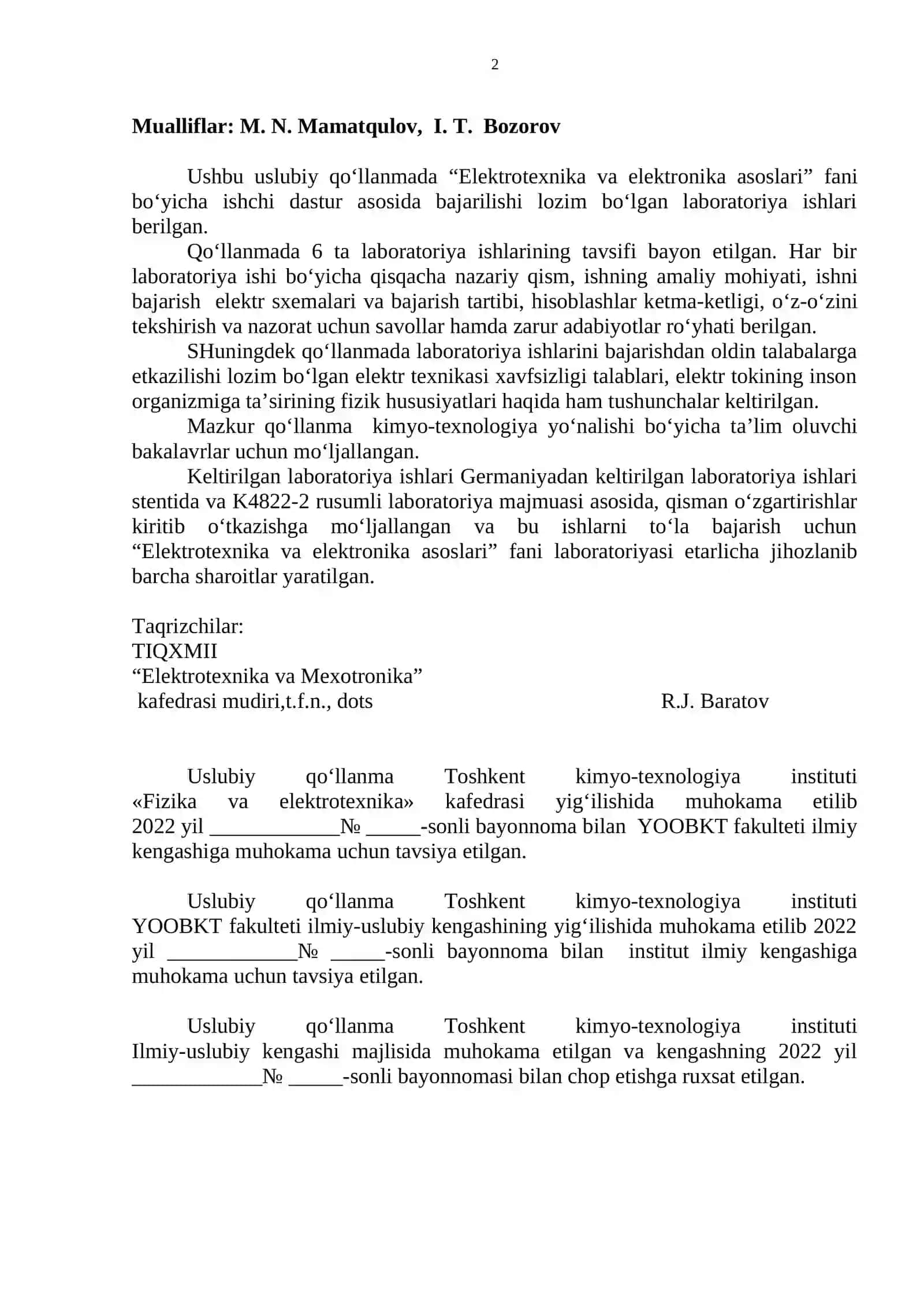Elektrotexnika va elektronika asoslari fanidan laboratoriya ishlari uslubiy qo‘llanma 2