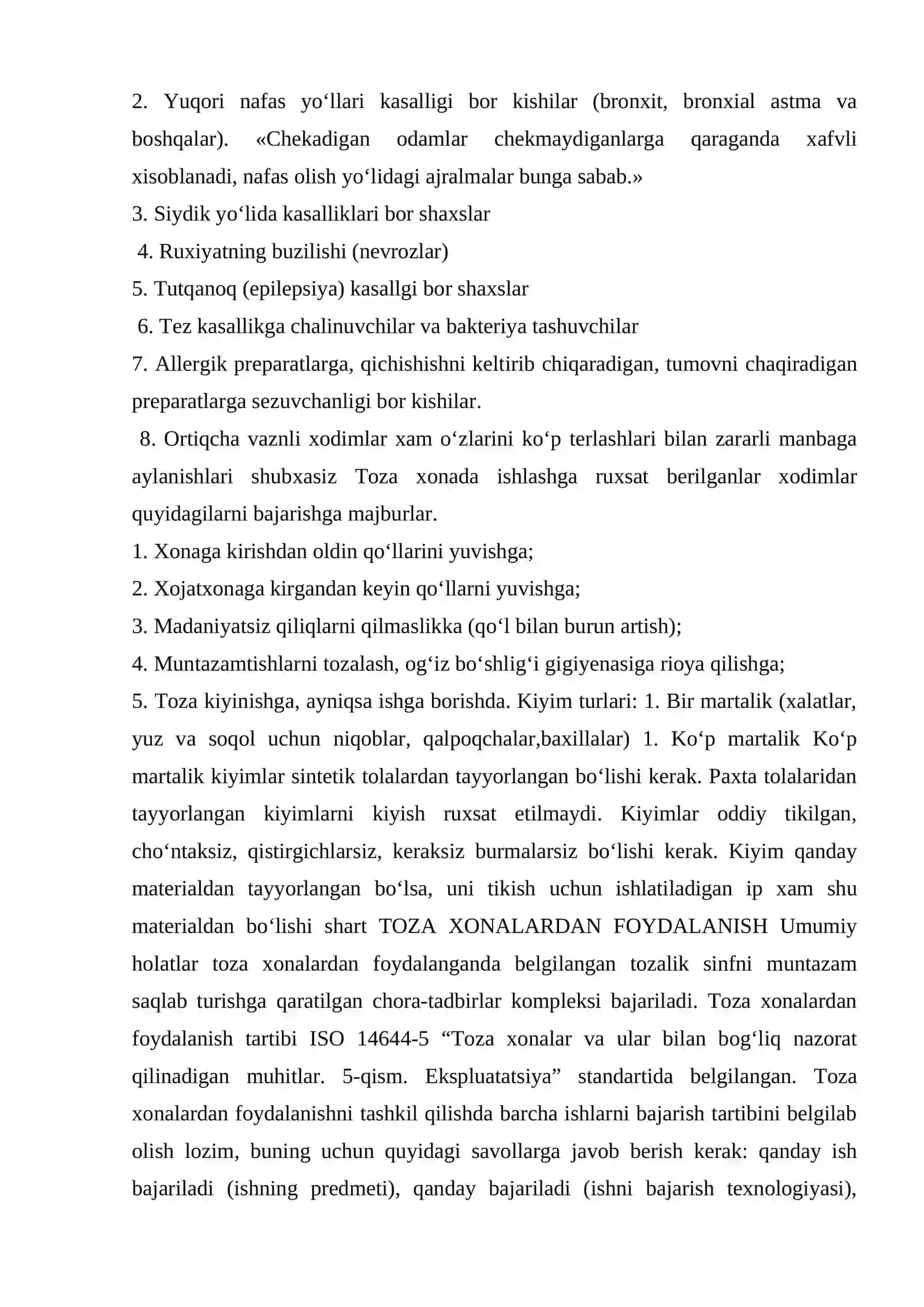 Kimyo-farmatsevtika korxonalarida tozza xonalarga va ishchi xodimlar kiyimlariga qo’yiladigan gigiyenik talablar 2