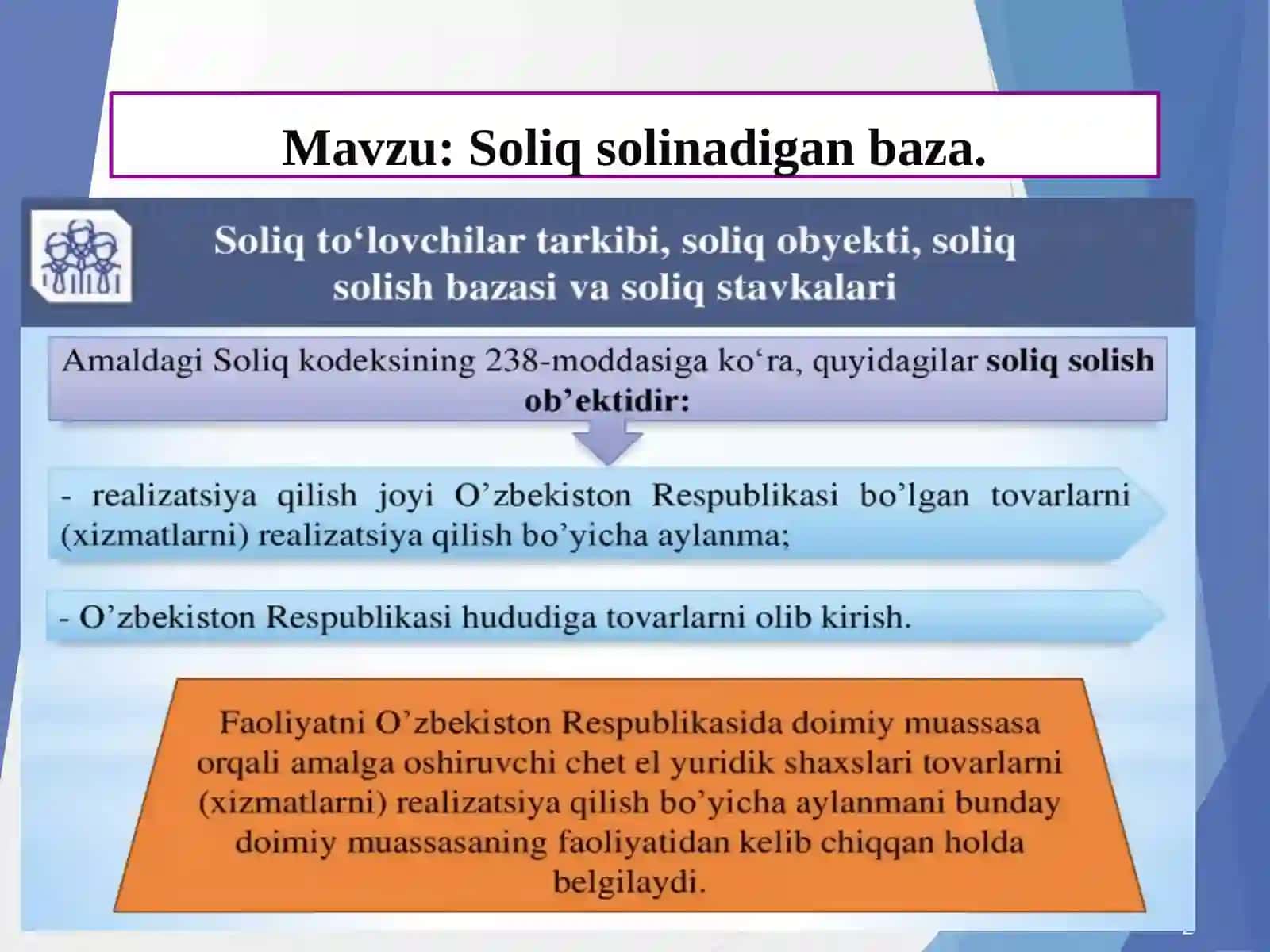 Soliqni hisoblab chiqarish maqsadida soliq bazasi qirq ikki million so‘mdan kam bo‘lishi mumkin emas 2