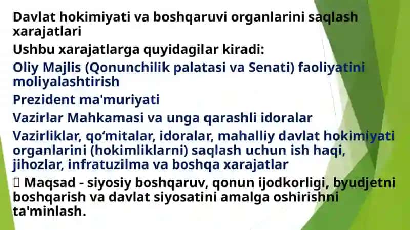 Davlat budjetining davlat hokimiyati, boshqaruvi, sudlar va prokuratura organlarini ta’minlash xarajatlari 2