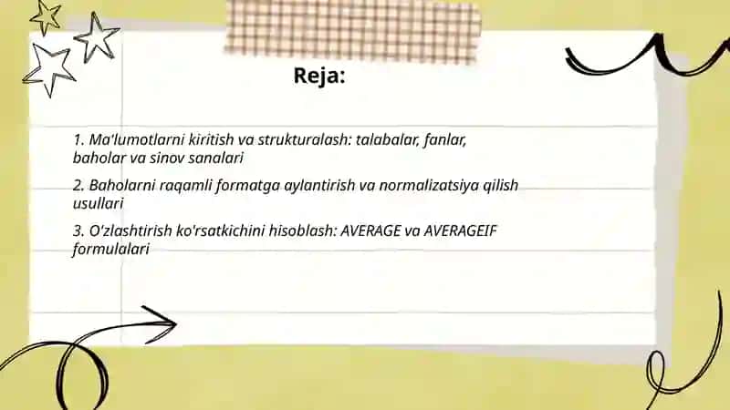 Excel dasturida guruh talabalarining fanlar bo'yicha O'zlashtirish ko'rsatkichi, sifat ko'rsatkichlarini hisoblash va jadval tuzish. 2