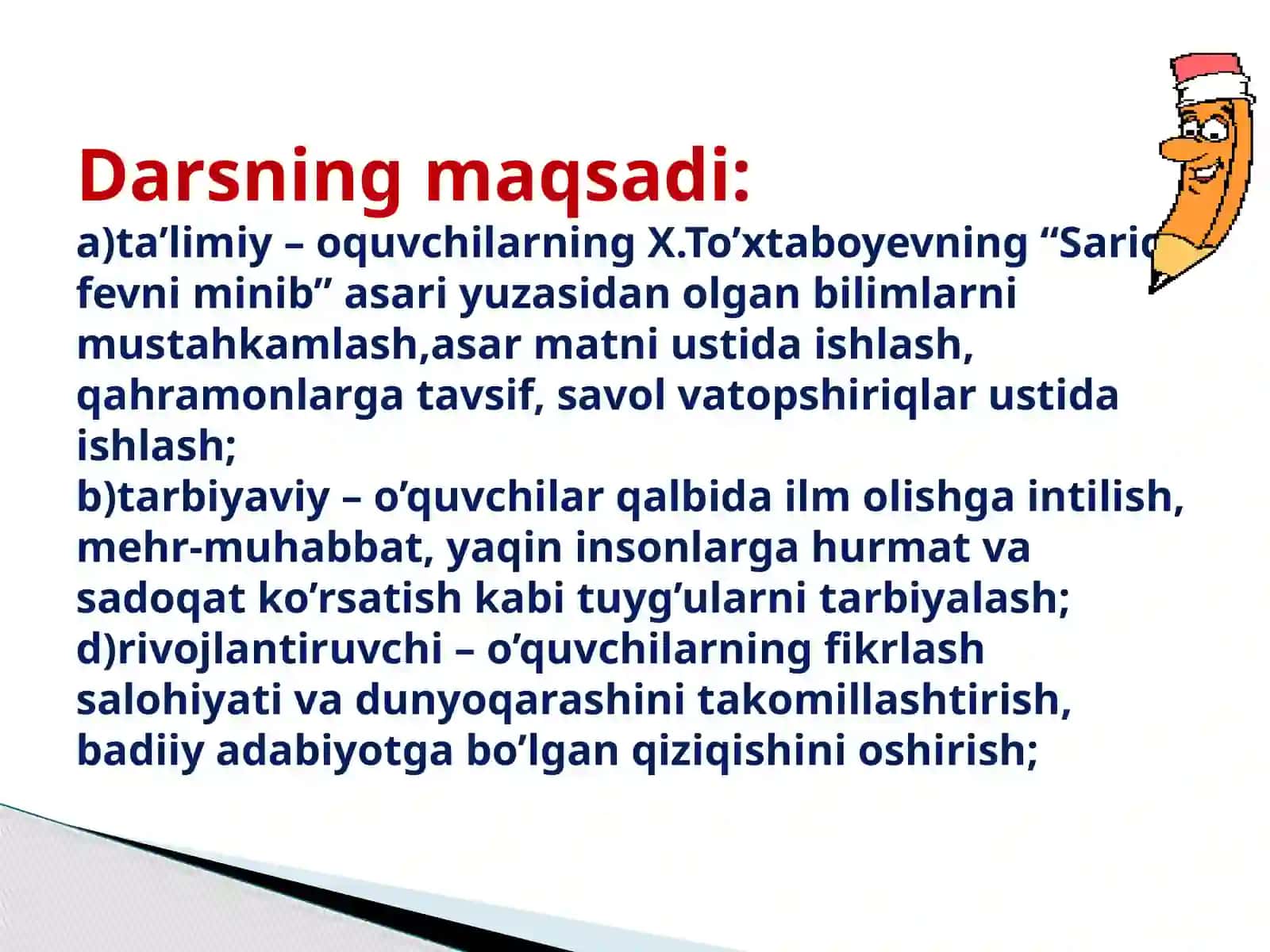 6-sinf Adabiyot fanidan Sariq devni minib asari ustida ishlash dars ishlanma 2