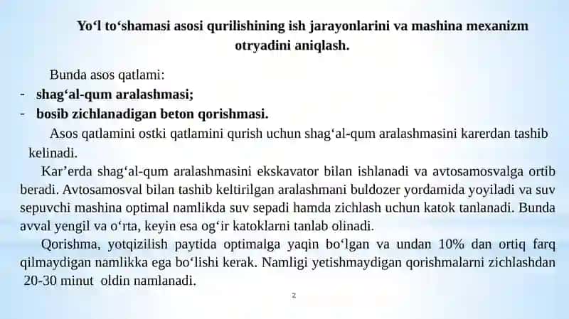 YO‘LTO‘SHAMASIASI SO‘SIQURILISHINING İSH JARAYONLARINI VA MAŞINA MEHANIZMLARI OTRYADINI ANIQLASH 2