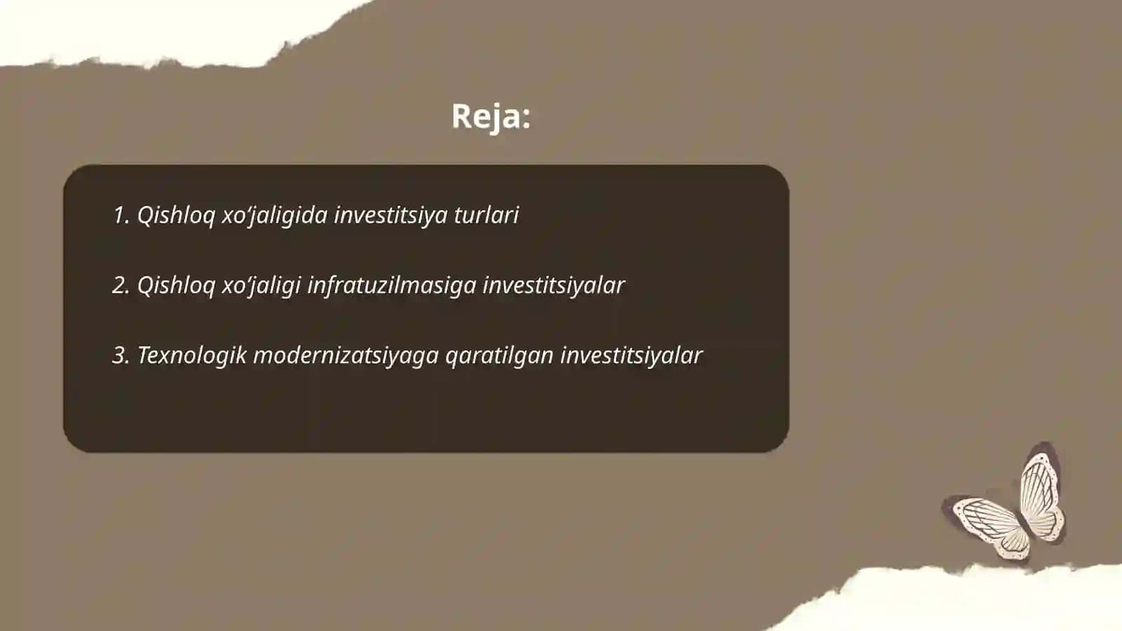Qishloq xoʻjaligida sarflanayotgan investitsiyalar,ularning manbalari va samaradorligi 2