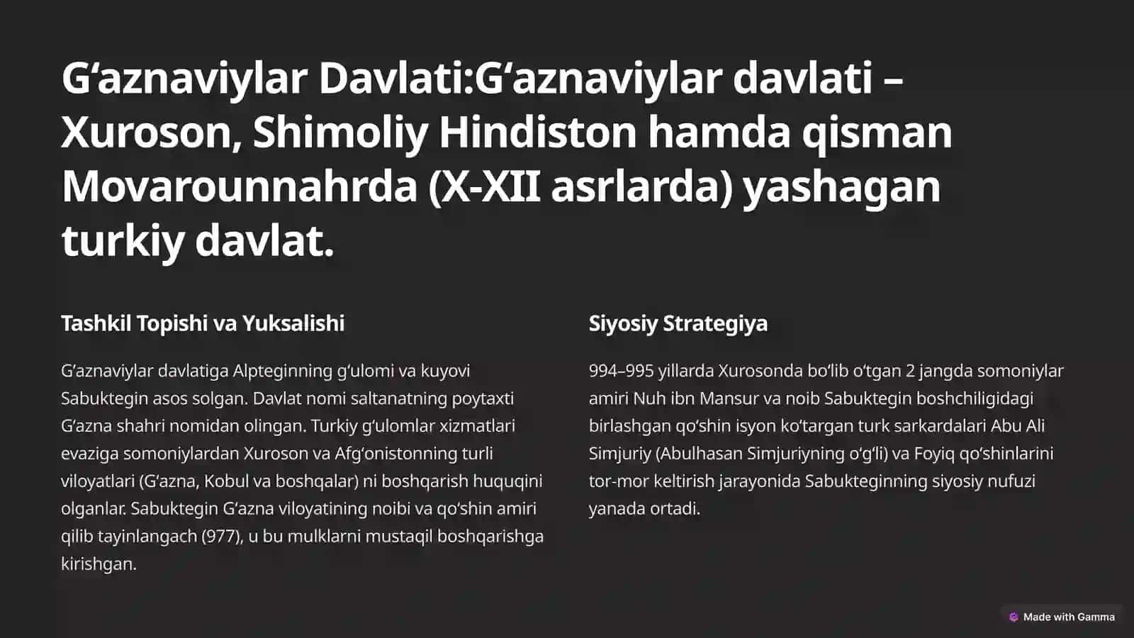 G‘aznaviylar va Saljuqiylar davlati. G‘aznaviylar va Saljuqiylarning Xorazmbilan siyosiy munosabatlari. Xorazmshoh – Anushteginiylar davlati 2