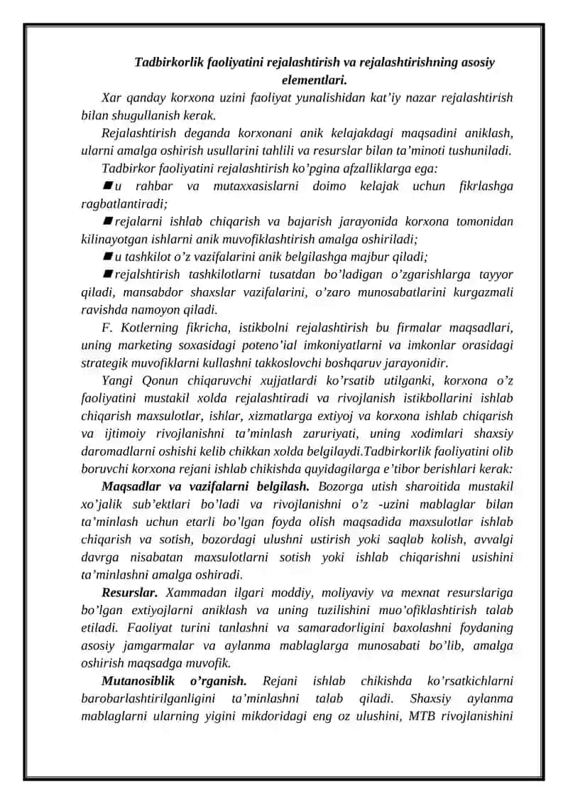 Tadbirkorlik faoliyatini rejalashtirish 2